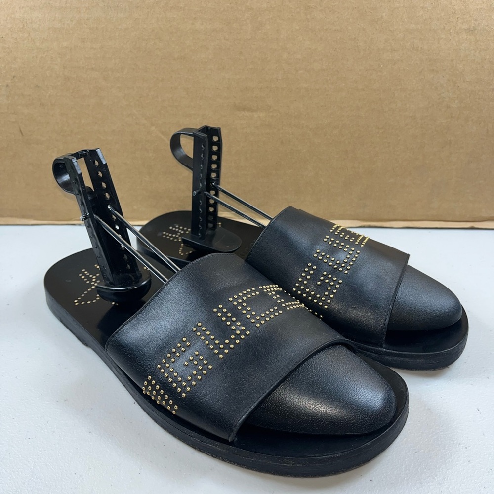 Men’s Gucci Studded Logo Bee Slides Sandals Black Leather Sz 9 EURO 42